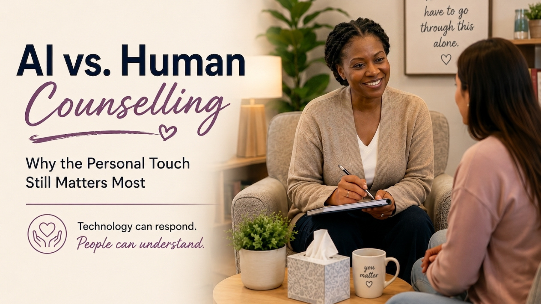 Registered therapist taking notes during in-person counselling session with client in Brampton, Ontario — AI vs. Human Counselling: Why the Personal Touch Still Matters Most